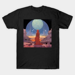 a person in a red robe looking at a large moon T-Shirt